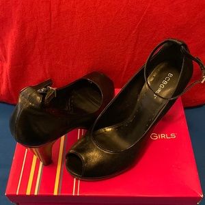 BCBG GIRLS Black Semi-Patent Maryjane Ankle Strap Platform Pumps